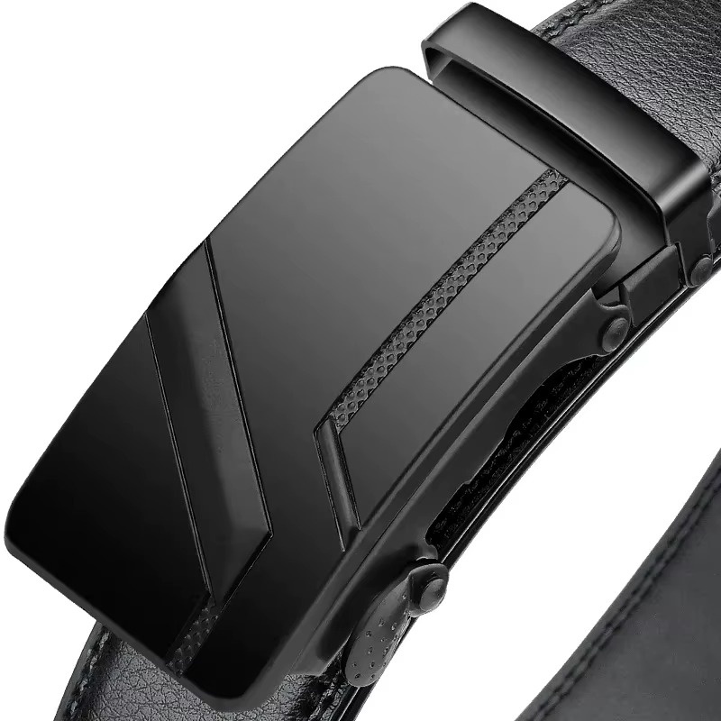 Men's Luxury Automatic Buckle Belt – Black PU Leather Waist Belt with Ratchet Clasp for Jeans, Suit & Casual Wear (130cm)