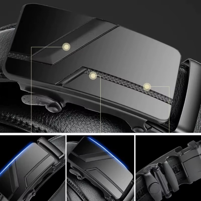 Men's Luxury Automatic Buckle Belt – Black PU Leather Waist Belt with Ratchet Clasp for Jeans, Suit & Casual Wear (130cm)