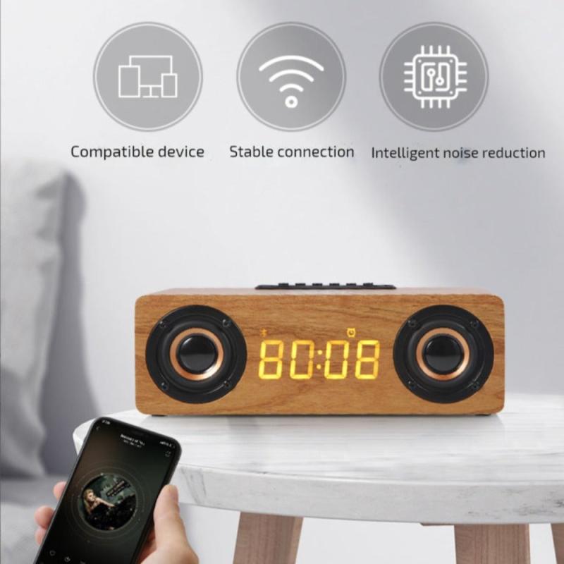 Retro-Styled Wooden 4-in-1 Wireless Charger with Bluetooth Speaker, Alarm Clock, and FM Radio