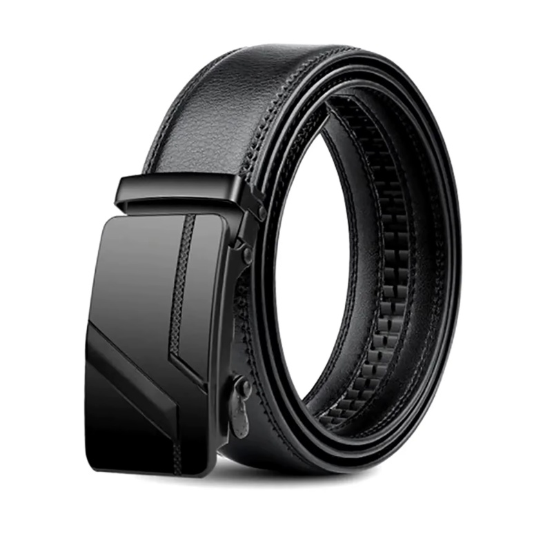 Men's Luxury Automatic Buckle Belt – Black PU Leather Waist Belt with Ratchet Clasp for Jeans, Suit & Casual Wear (130cm)