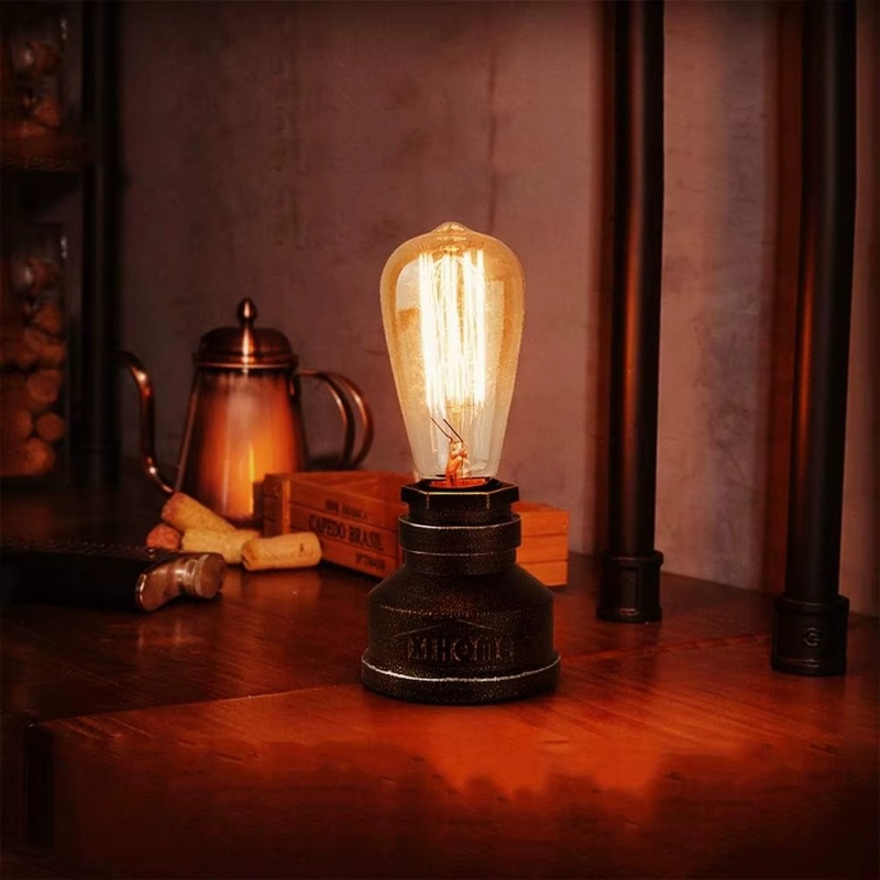 Vintage Industrial Desk Lamp – Handcrafted Cast Iron Pipe Base with E26 Socket & US Plug – Steampunk Edison Light for Home, Cafe, Office